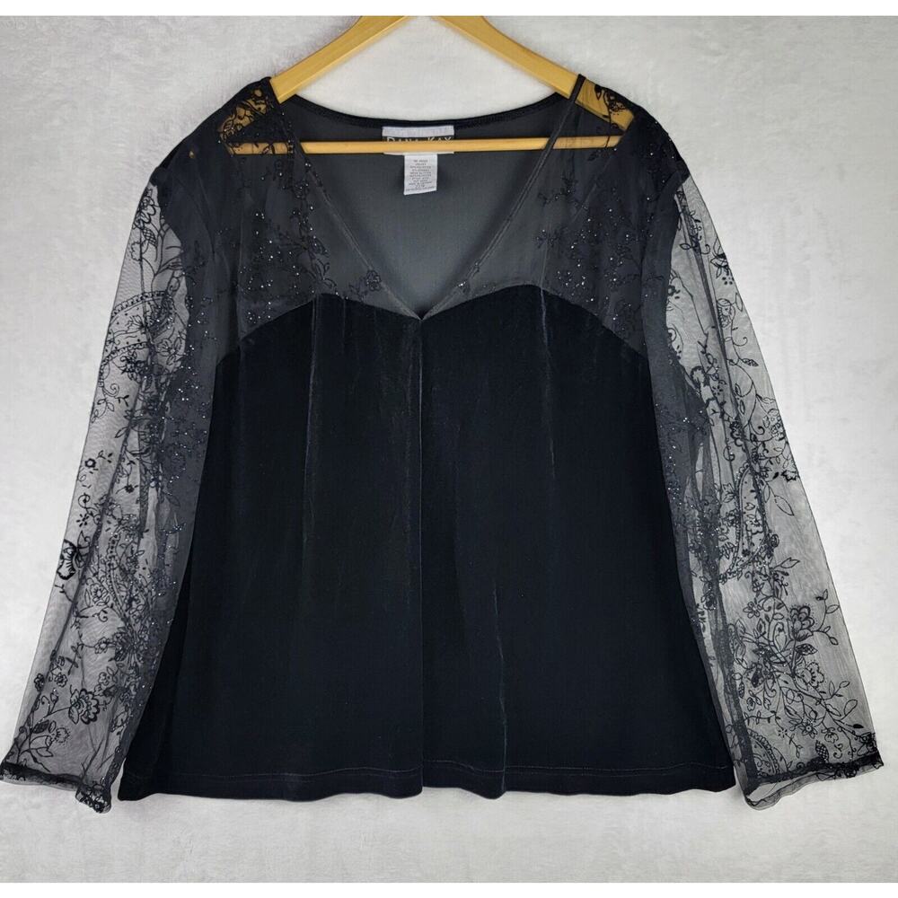 Dana Kay Top Black Velvet Sheer Embroidered Sleeve Pullover 22W Whimsigoth Boho
